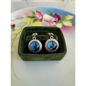 Vintage 70s Morpho Butterfly wing Double Sided Earrings Tropical Mountain Scene